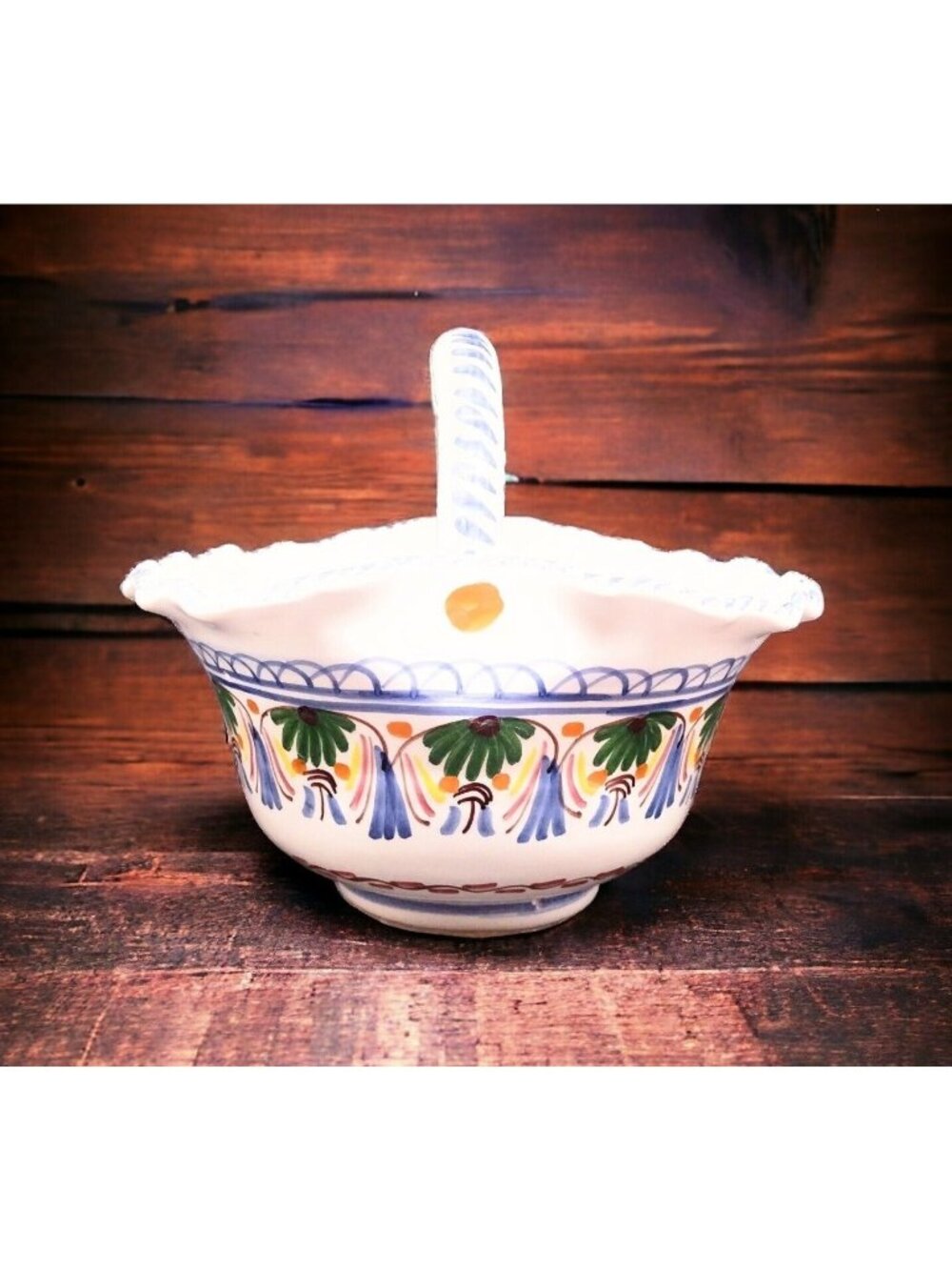 Vintage Spanish Art Pottery Ruffle Handle Basket Handmade Floral 6.25"